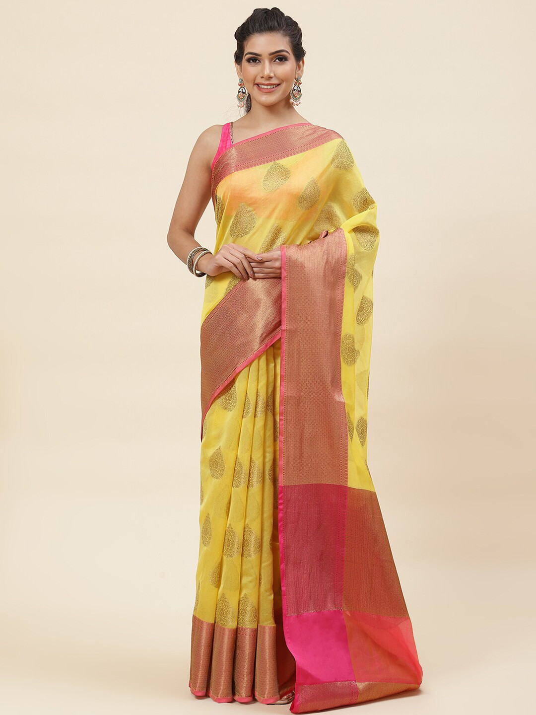 

Meena Bazaar Ethnic Motifs Woven Design Zari Pure Cotton Saree, Mustard