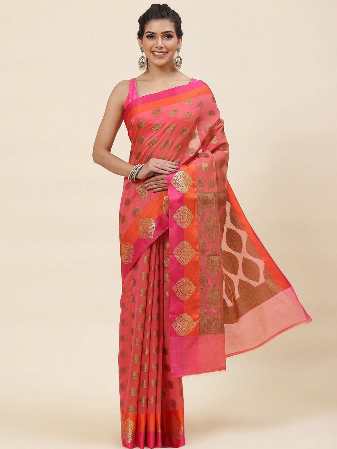 

Meena Bazaar Ethnic Motifs Woven Design Zari Pure Cotton Saree, Pink