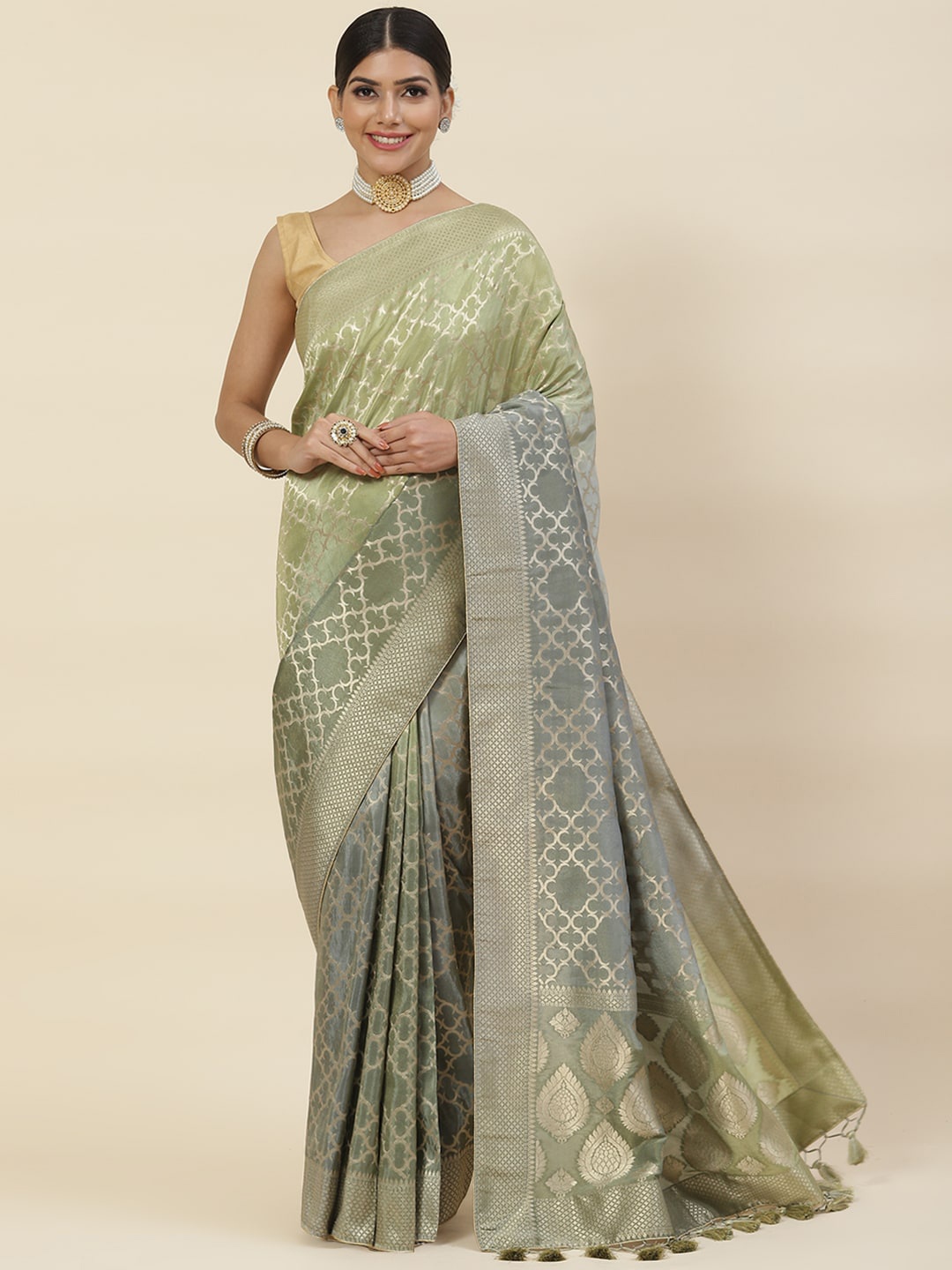 

Meena Bazaar Geometric Woven Design Zari Pure Silk Saree, Grey