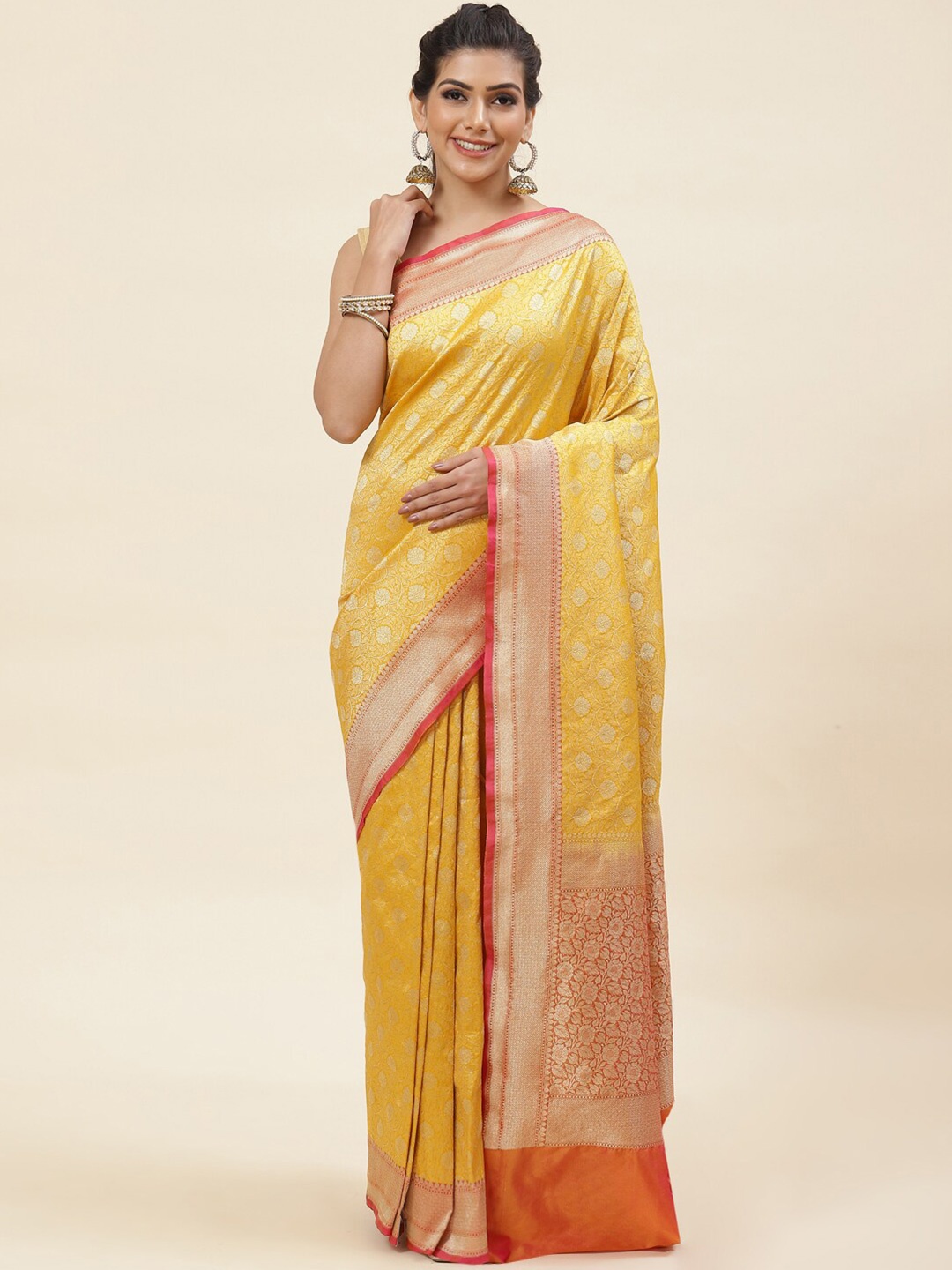 

Meena Bazaar Floral Woven Design Zari Pure Silk Saree, Mustard