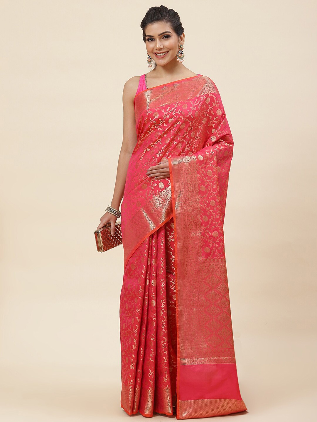 

Meena Bazaar Floral Woven Design Zari Pure Silk Saree, Fuchsia