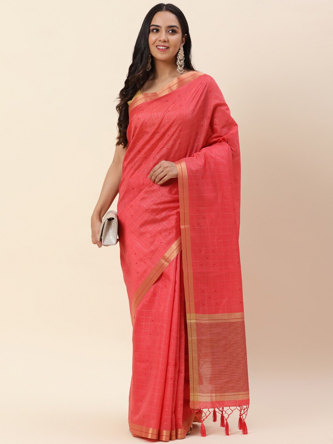 

Meena Bazaar Checked Zari Saree, Peach