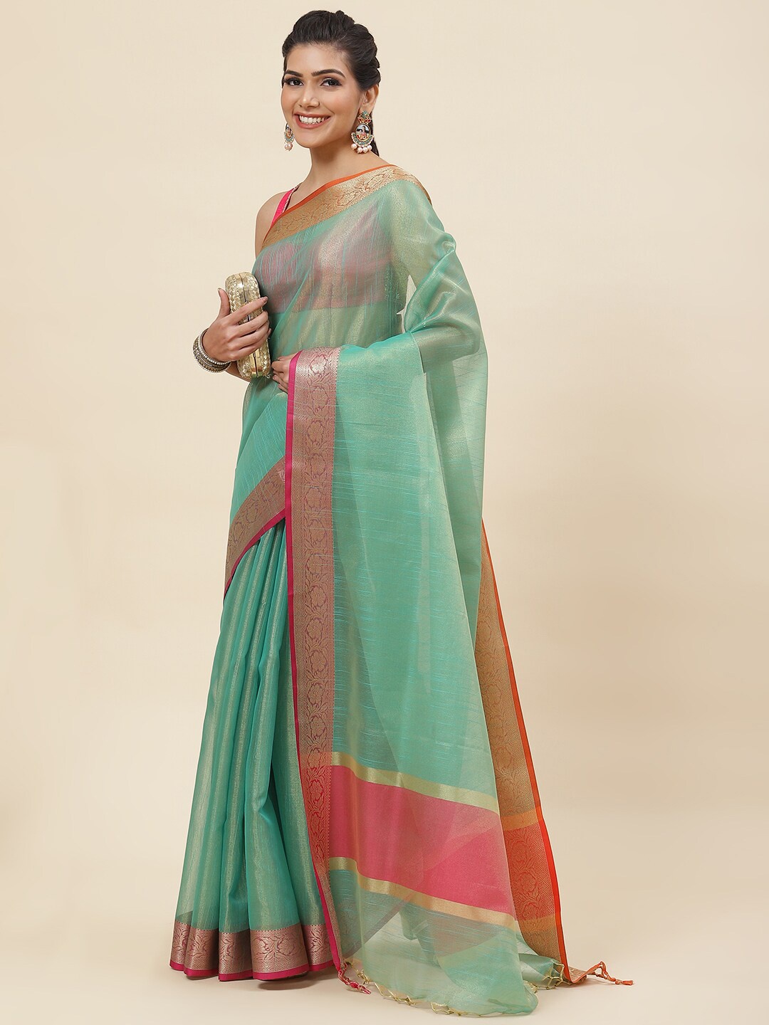 

Meena Bazaar Striped Woven Design Zari Pure Cotton Saree, Green
