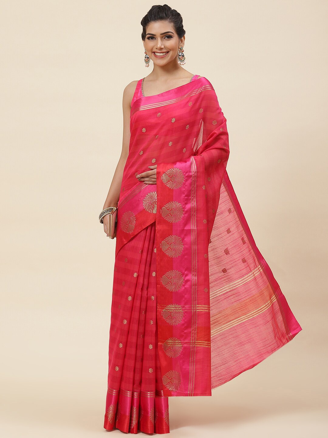 

Meena Bazaar Ethinic Woven Design Zari Pure Cotton Saree, Pink