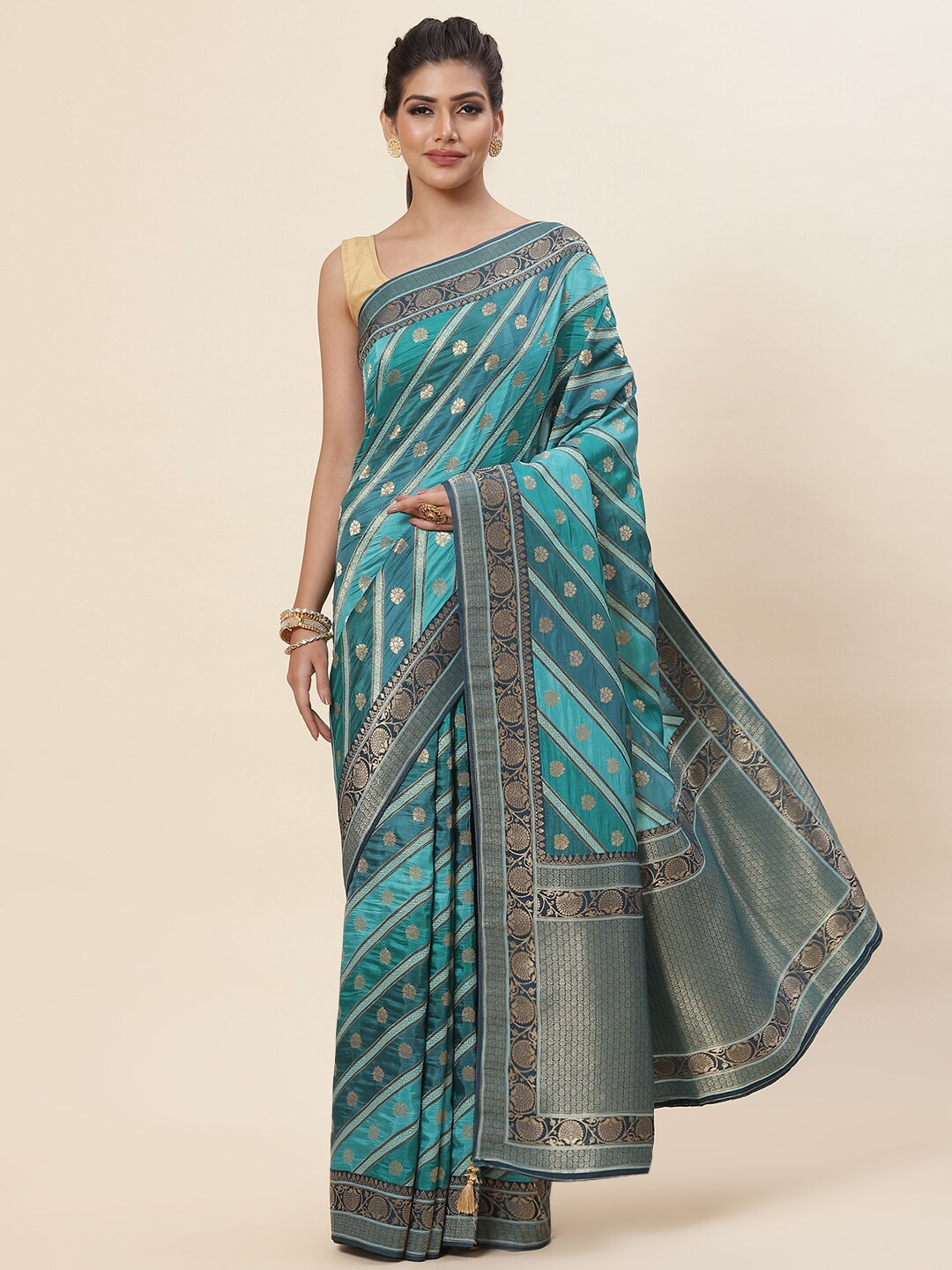 

Meena Bazaar Floral Woven Design Zari Saree, Blue