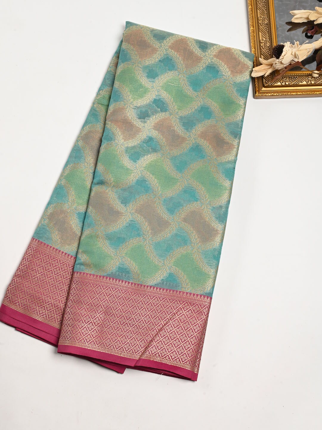 

Meena Bazaar Blue & Pink Woven Design Zari Pure Cotton Saree