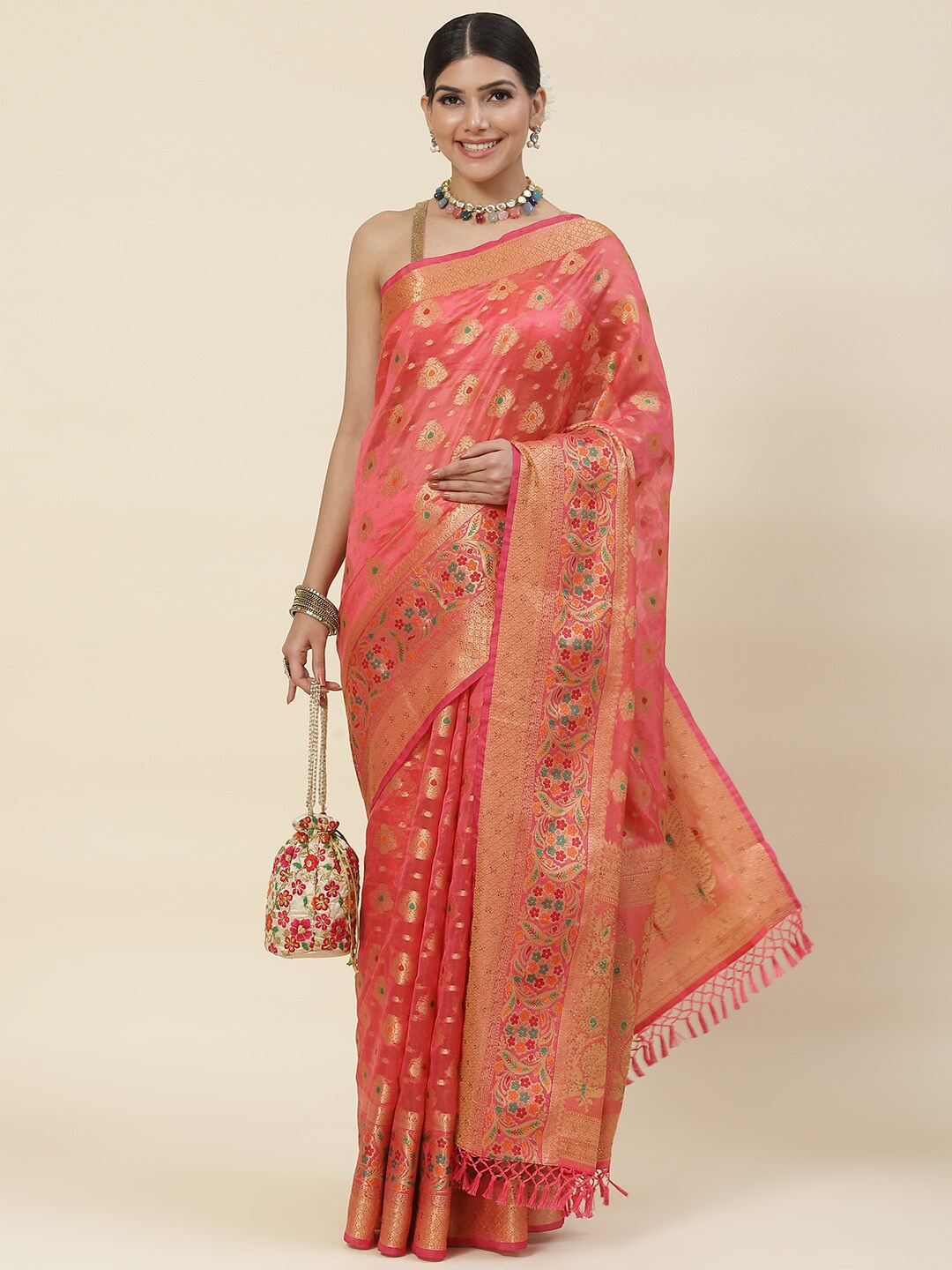 

Meena Bazaar Ethnic Motifs Woven Design Zari Pure Cotton Saree, Pink