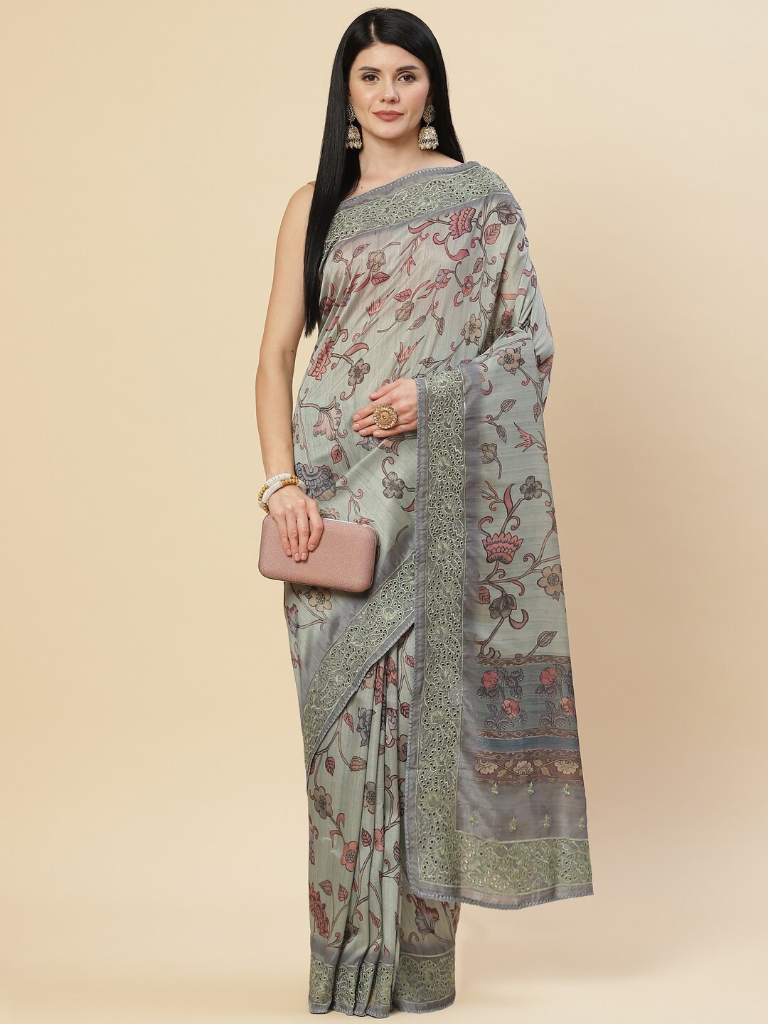 

Meena Bazaar Embroidered Floral Printed Saree, Sea green