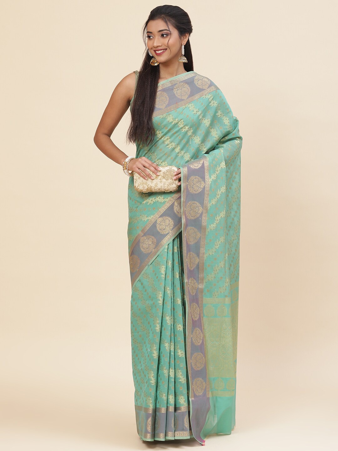 

Meena Bazaar Floral Woven Design Zari Pure Cotton Saree, Green
