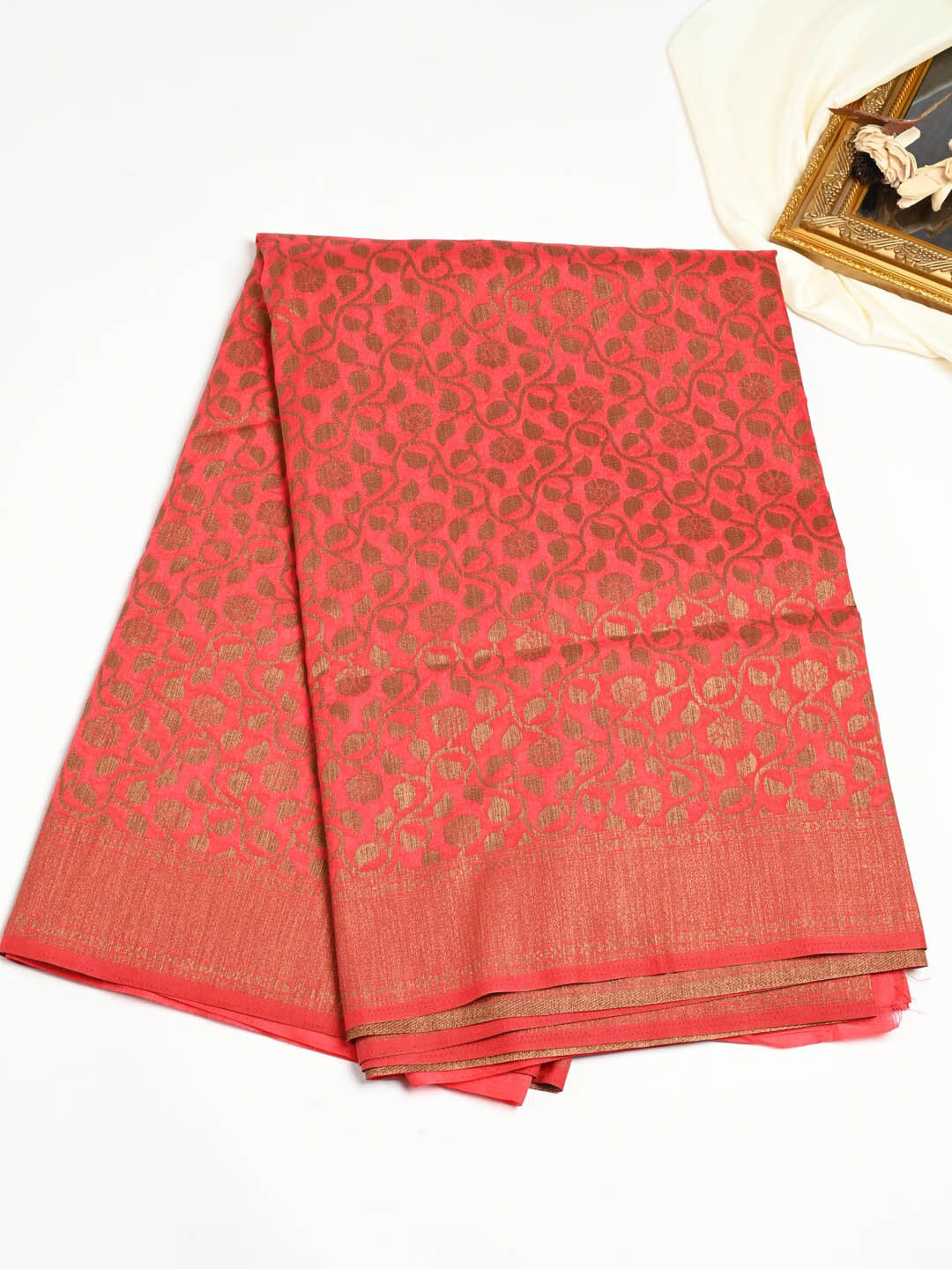 

Meena Bazaar Pink & Gold-Toned Woven Design Zari Art Silk Saree