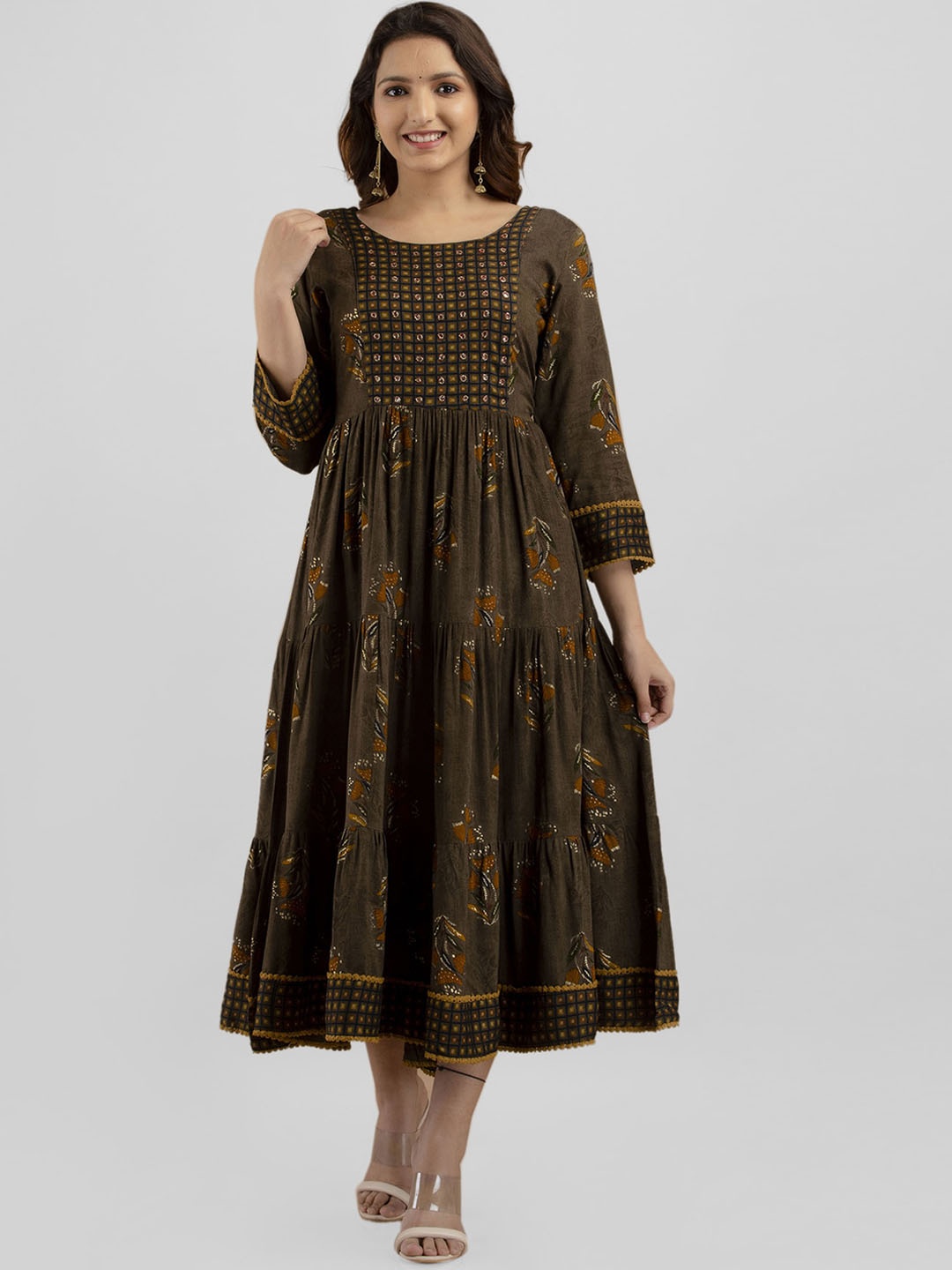 

PREKSHA Ethnic Motifs Printed Mirror Work Pleated A-Line Kurta, Brown