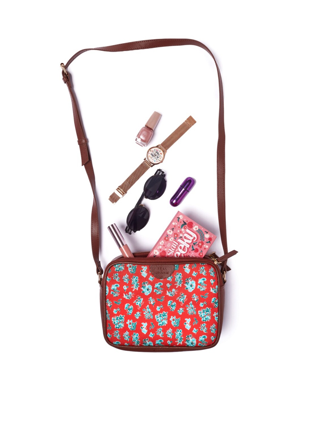 

TEAL BY CHUMBAK Floral Printed Structured Sling Bag, Red