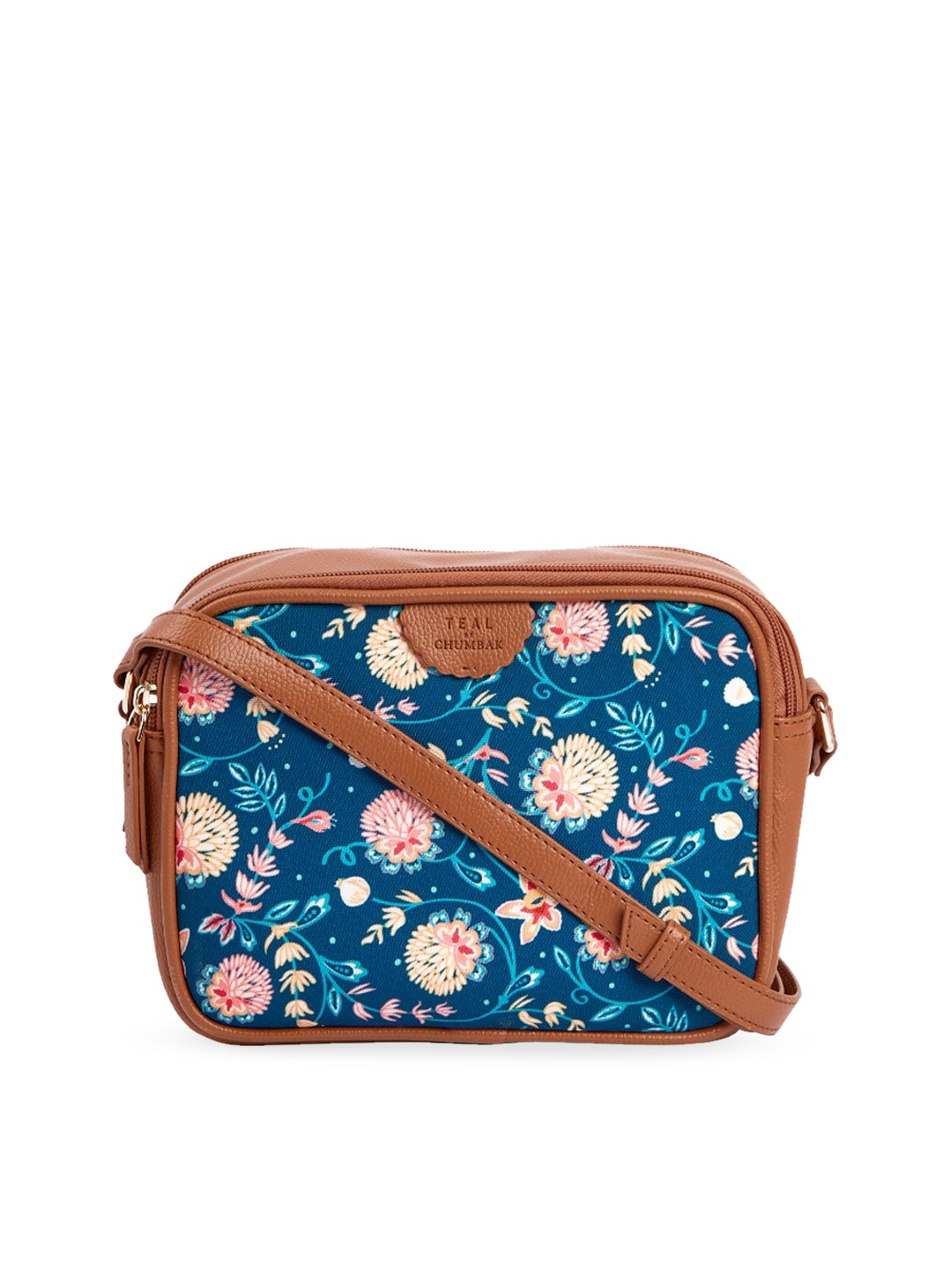 

TEAL BY CHUMBAK Floral Printed Structured Sling Bag, Blue