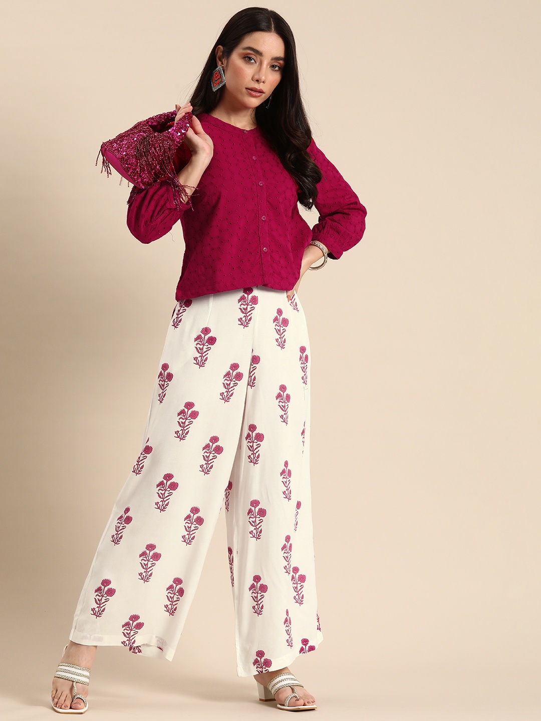 

Sangria Embroidered Top with Palazzos Co-ords, Maroon