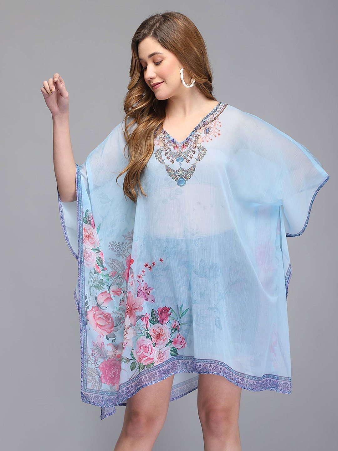 

Aditi Wasan Floral Printed Sheer Kaftan Dress, Blue