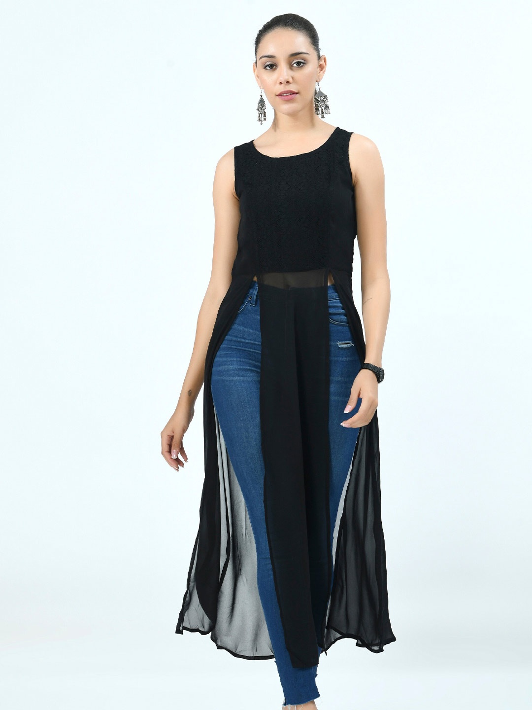 

V&M Round Neck Front High Slit Georgette Maxi Longline Top, Black