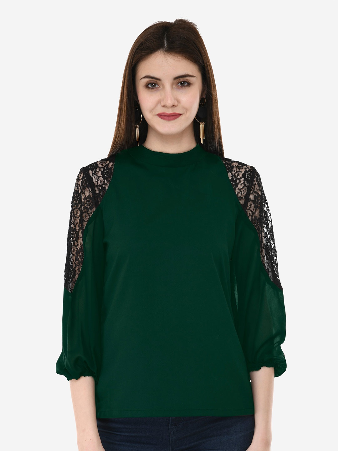 

V&M Round Neck Shoulder Design Top, Green