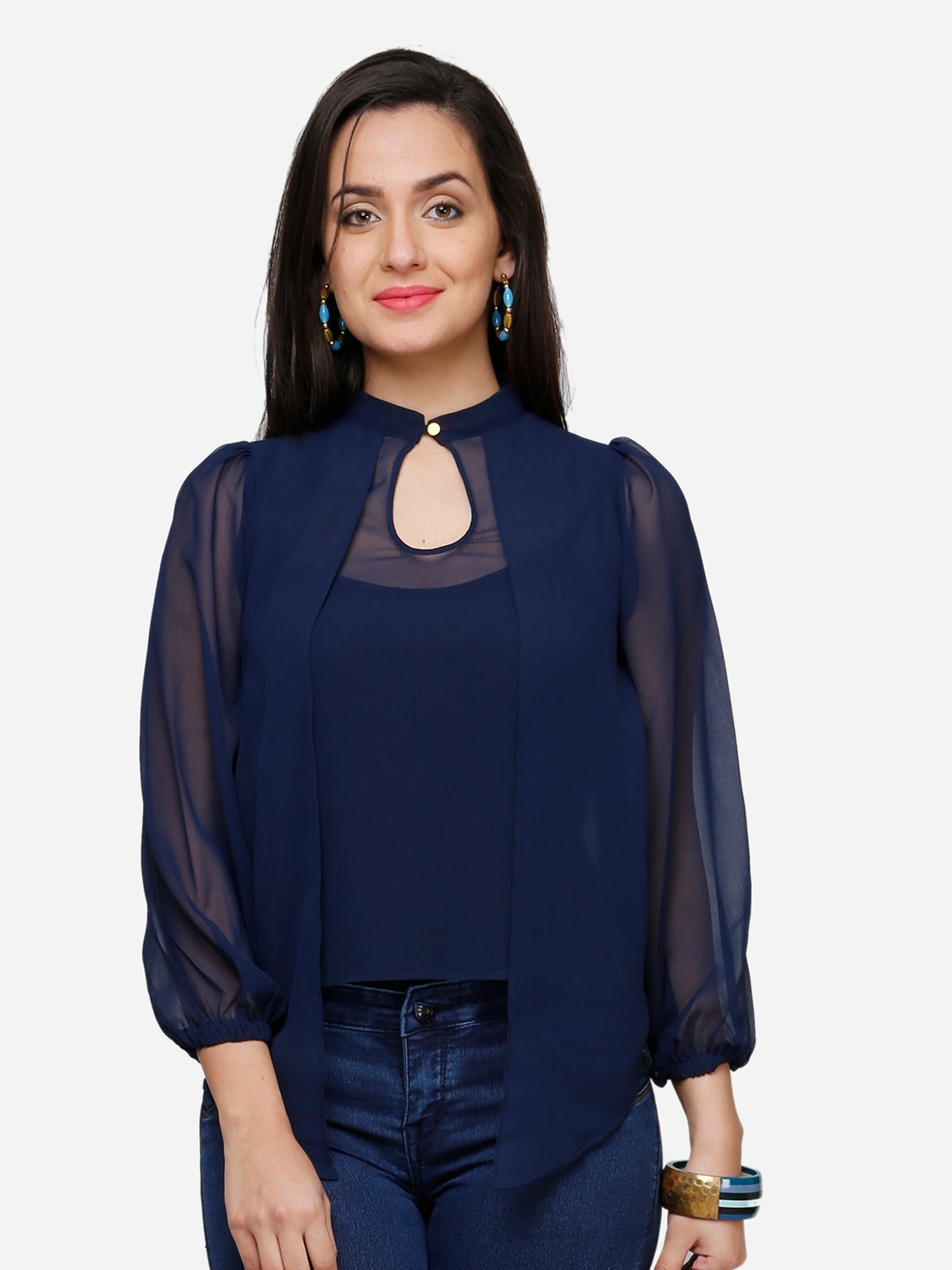 

V&M Keyhole Neck Georgette Layered Puff Sleeves Top, Navy blue