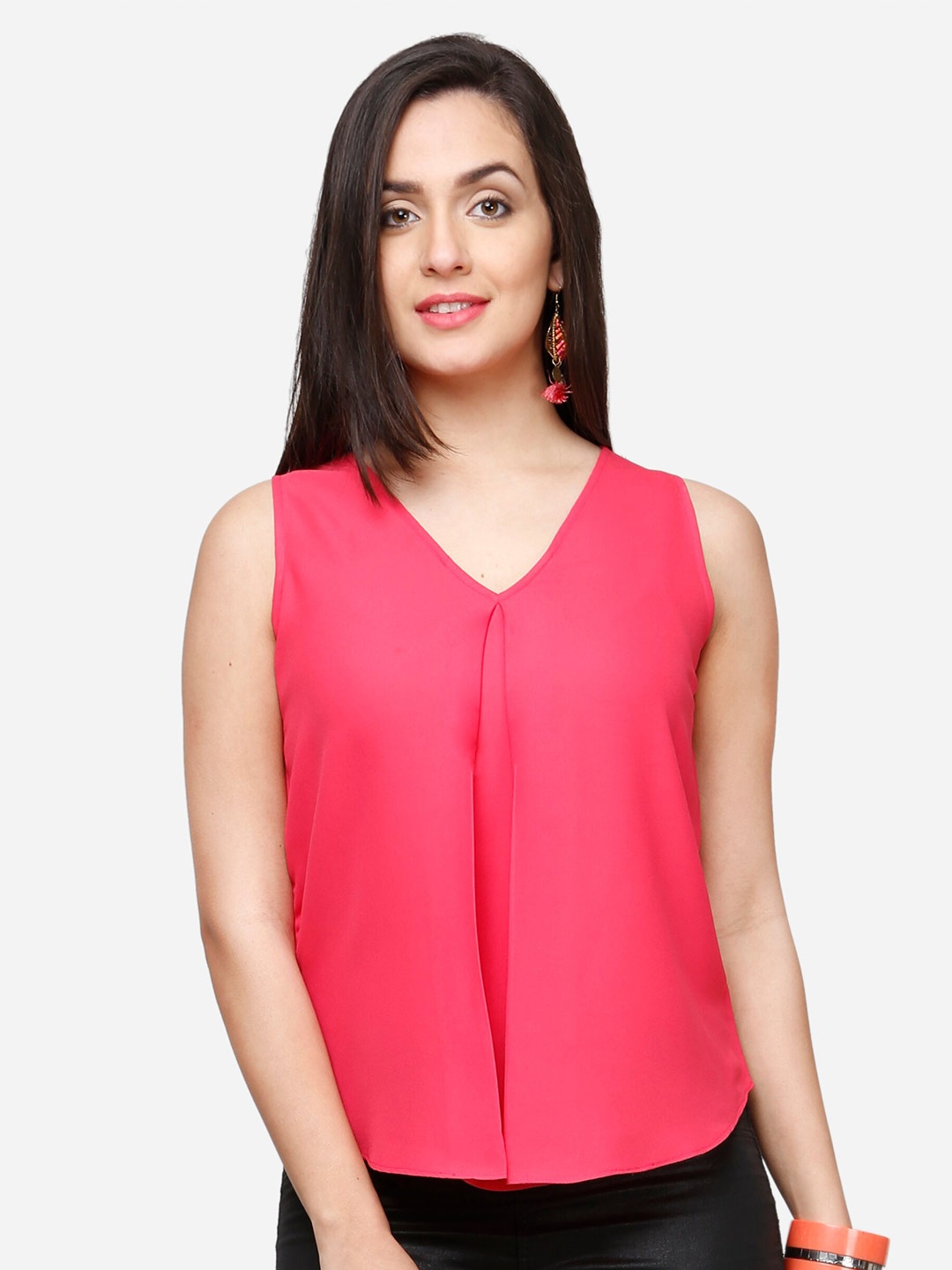 V&M V-Neck Pleated Regular Crepe Top, Pink