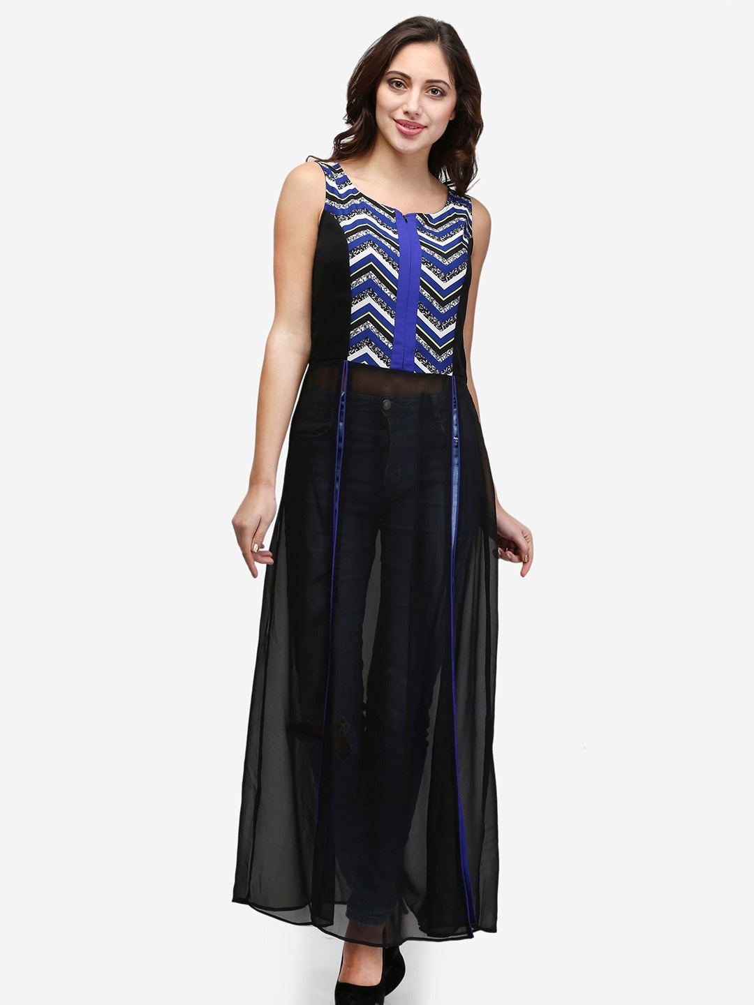 

V&M Round Neck Geometric Printed Front Slit Georgette Maxi Longline Top, Black