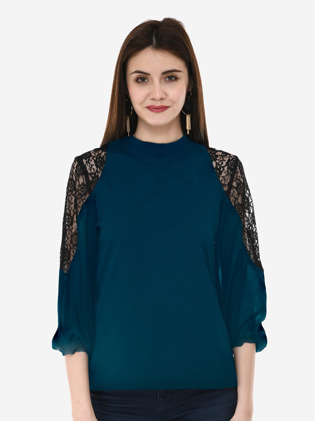 

V&M Lace Inserted Crepe Top, Teal