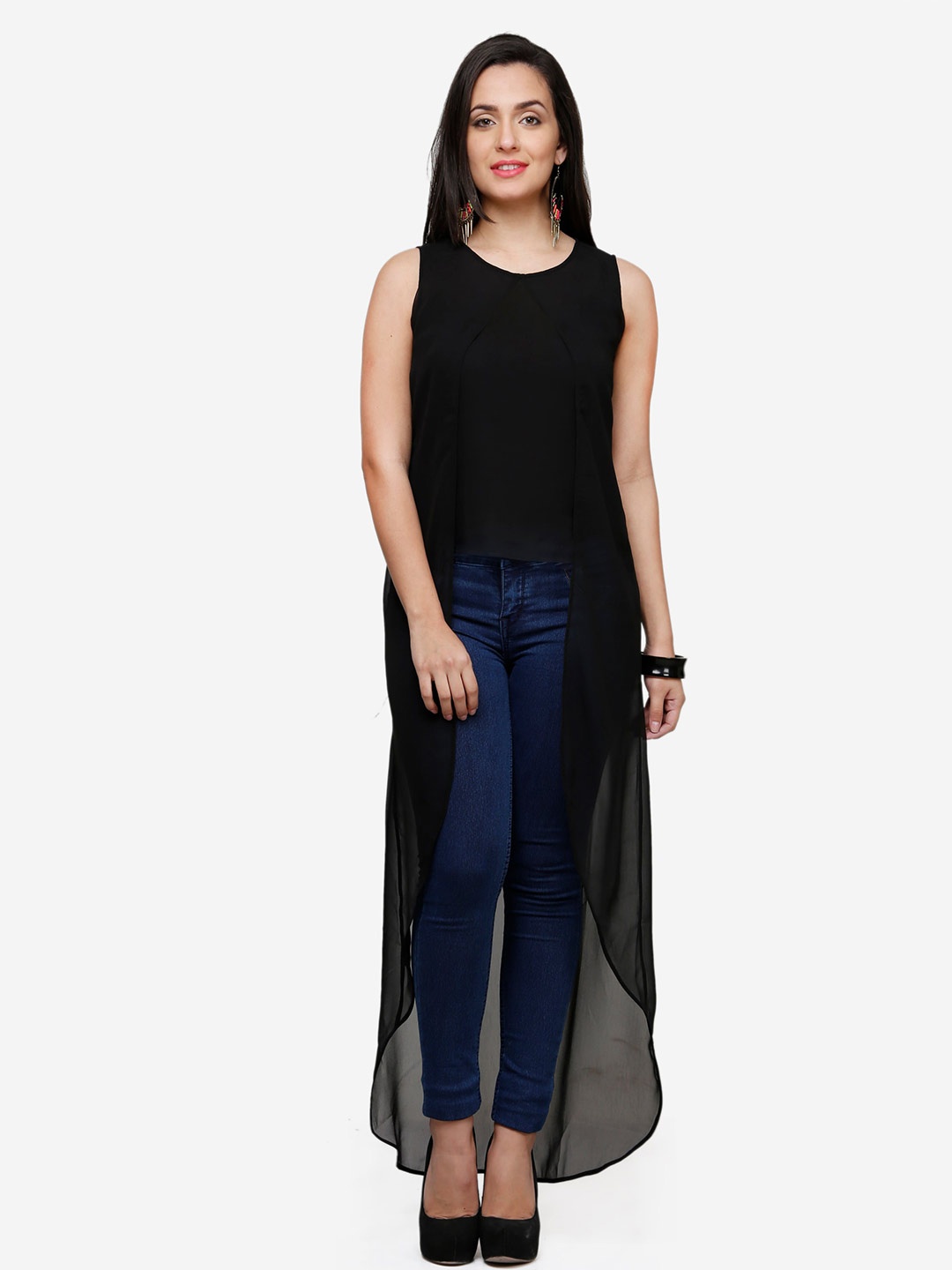 

V&M Round Neck Layered Maxi Longline Top, Black