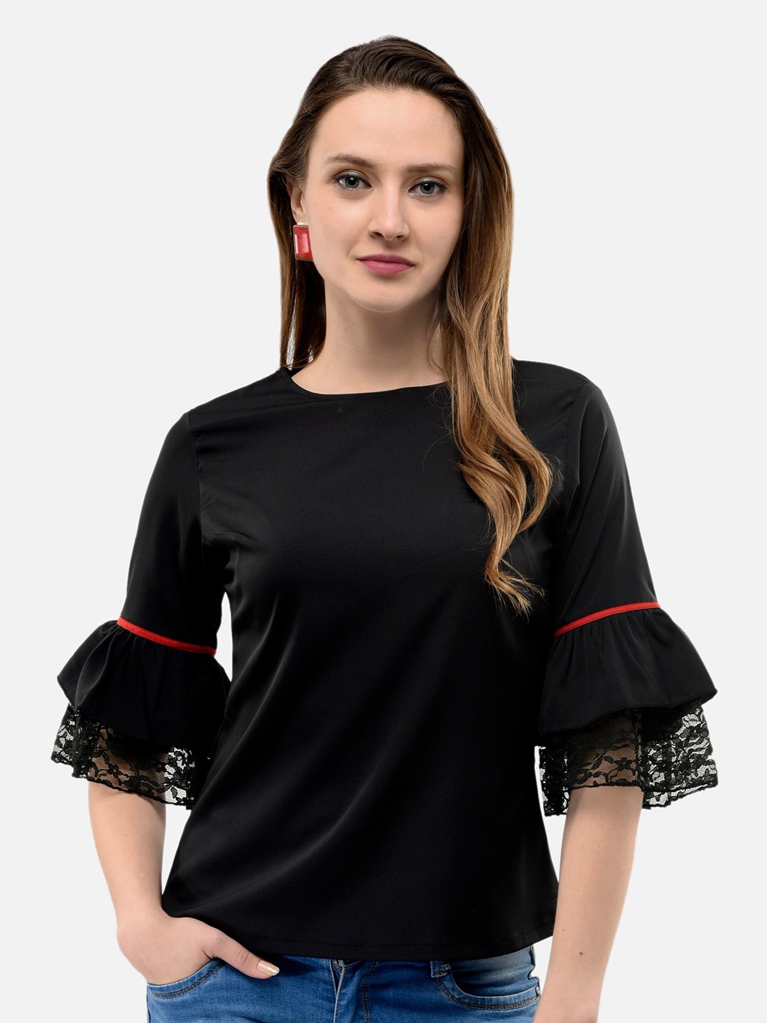 

V&M Round Neck Bell Sleeves Lace Up Detail Top, Black