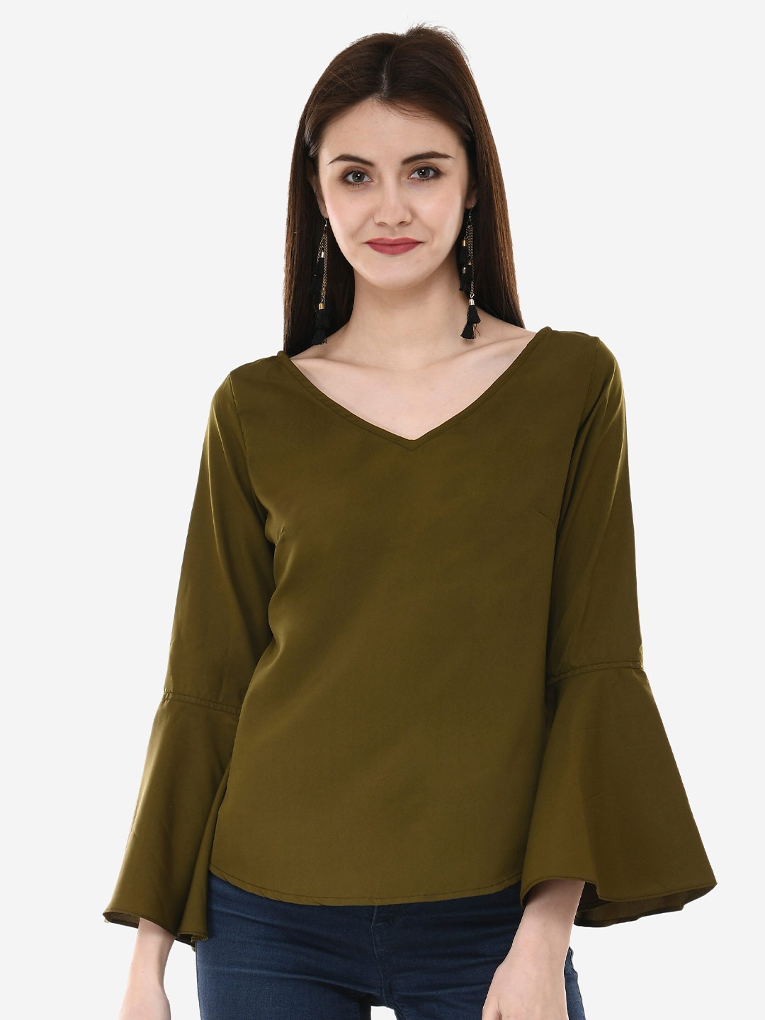

V&M V-Neck Bell Sleeves Crepe Top, Olive