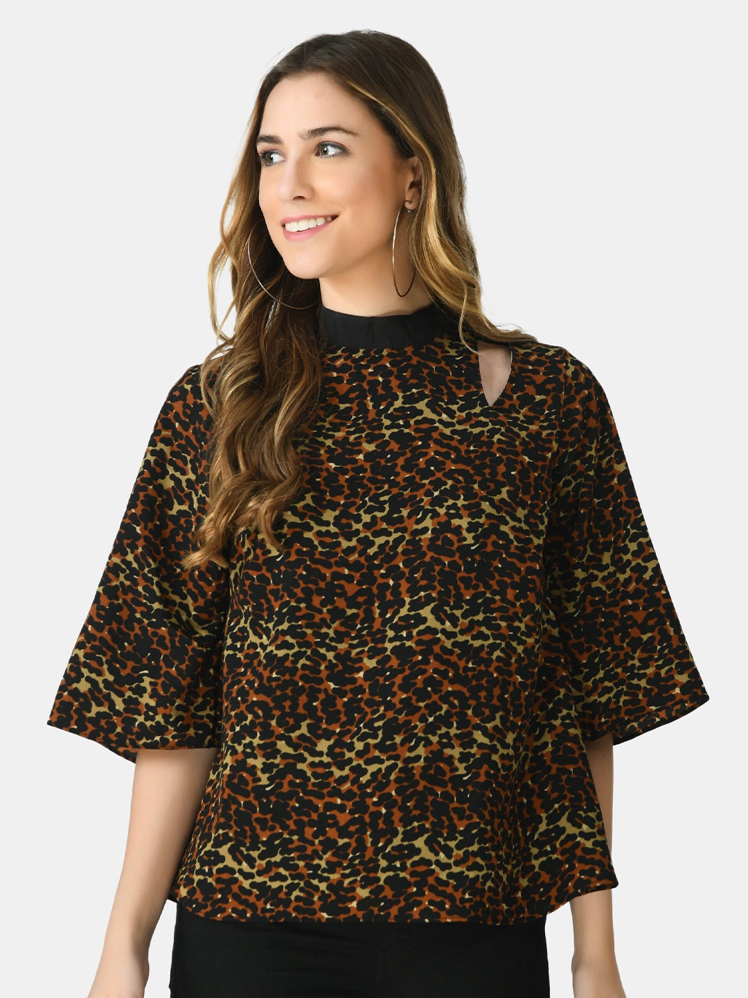 

V&M High Neck Animal Printed Cut Out Crepe Top, Brown