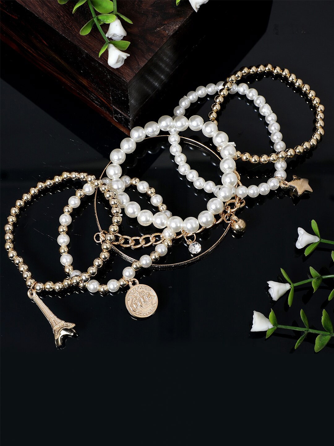 

AQUASTREET Set Of 6 Gold-Plated Beaded Multistrand Bracelets, White