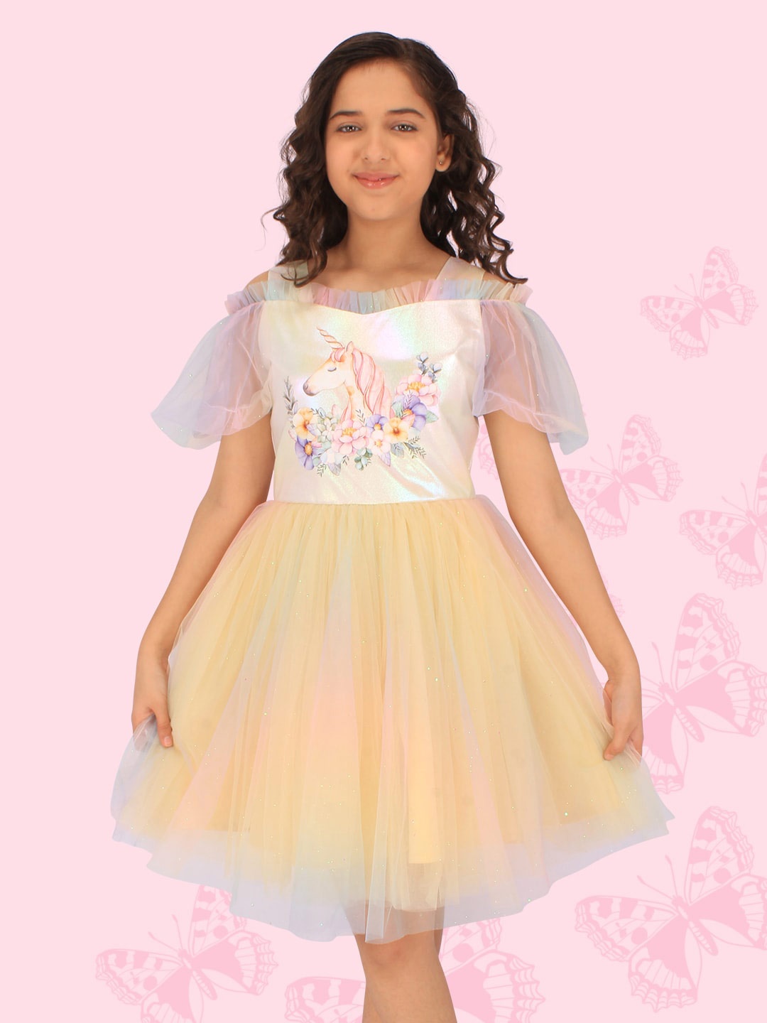 

CUTECUMBER Girls Floral Printed Fit & Flare Dress, Beige