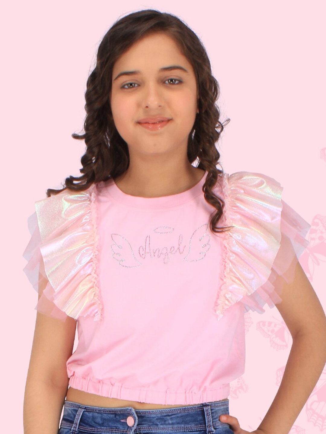 

CUTECUMBER Girls Round Neck Flutter Sleeves Blouson Top, Pink