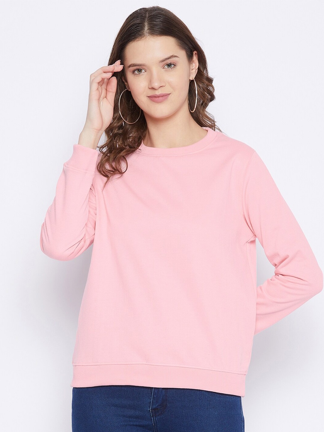 

FRENCH FLEXIOUS Round Neck Long Sleeves Cotton Sweatshirt, Peach