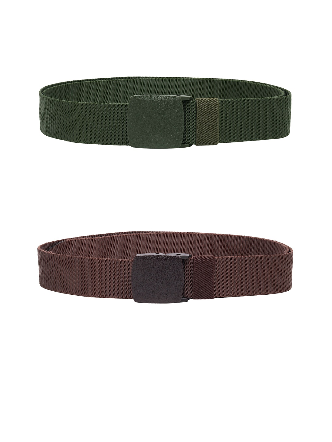 

ZORO Men Pack Of 2 Textured Slider Plastic And Anti Allergy Buckle Canvas Wide Belts, Green