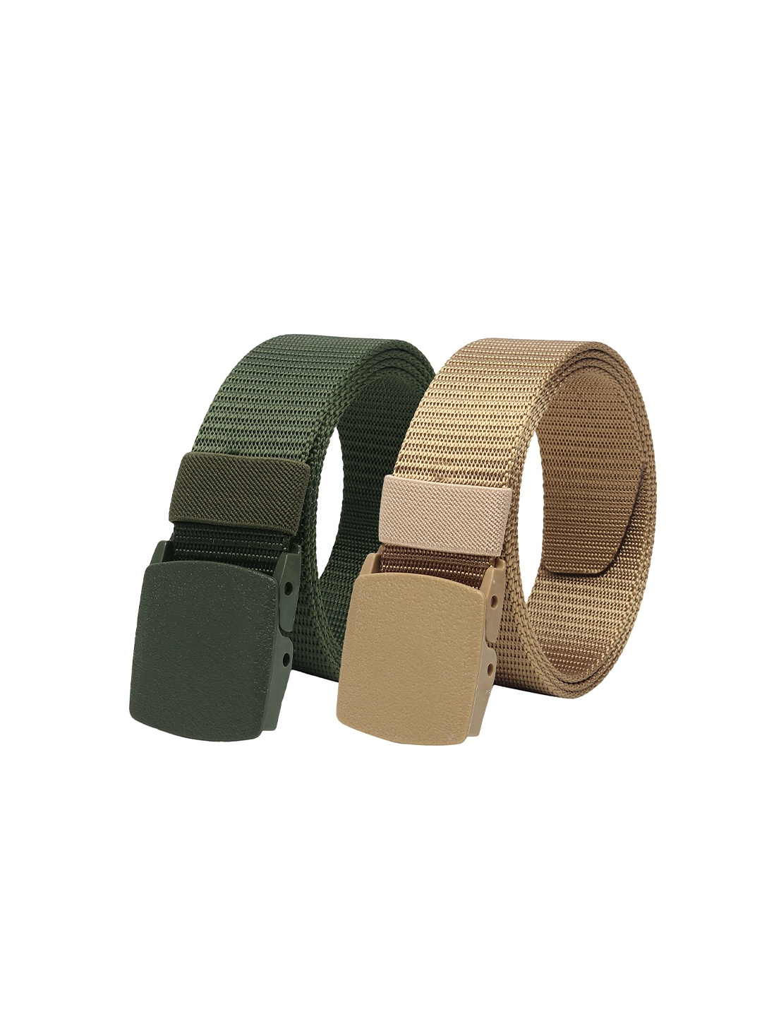 

ZORO Men Pack Of 2 Textured Slider Plastic And Anti Allergy Buckle Canvas Wide Belts, Olive