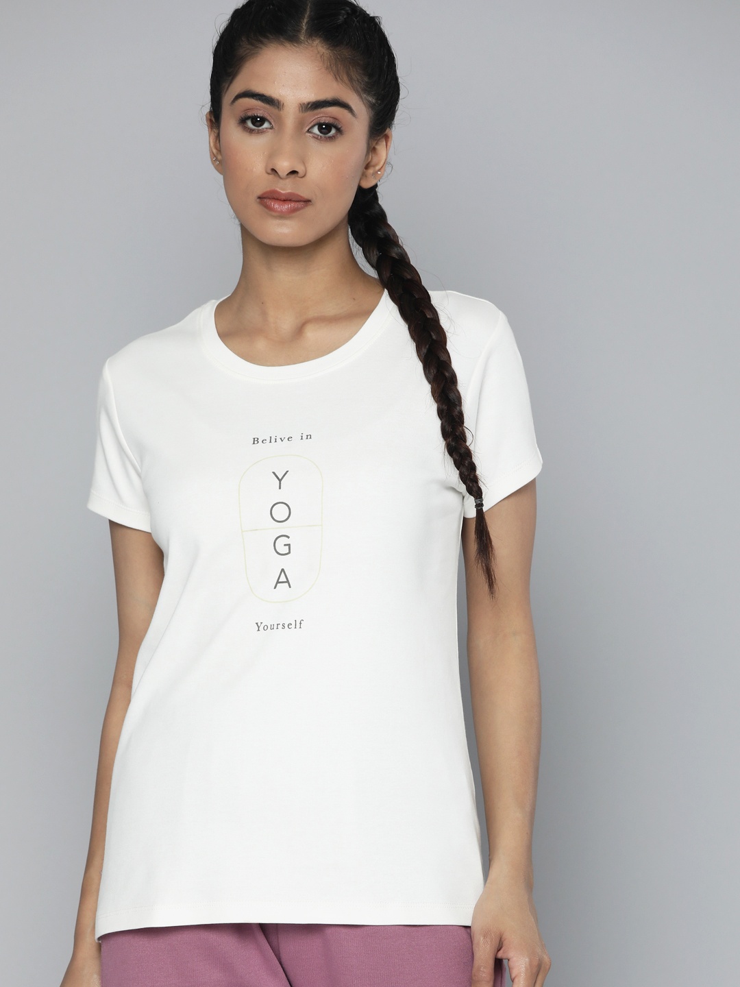 

HRX By Hrithik Roshan Yoga Women Optic White Bio Wash Typography Tshirts