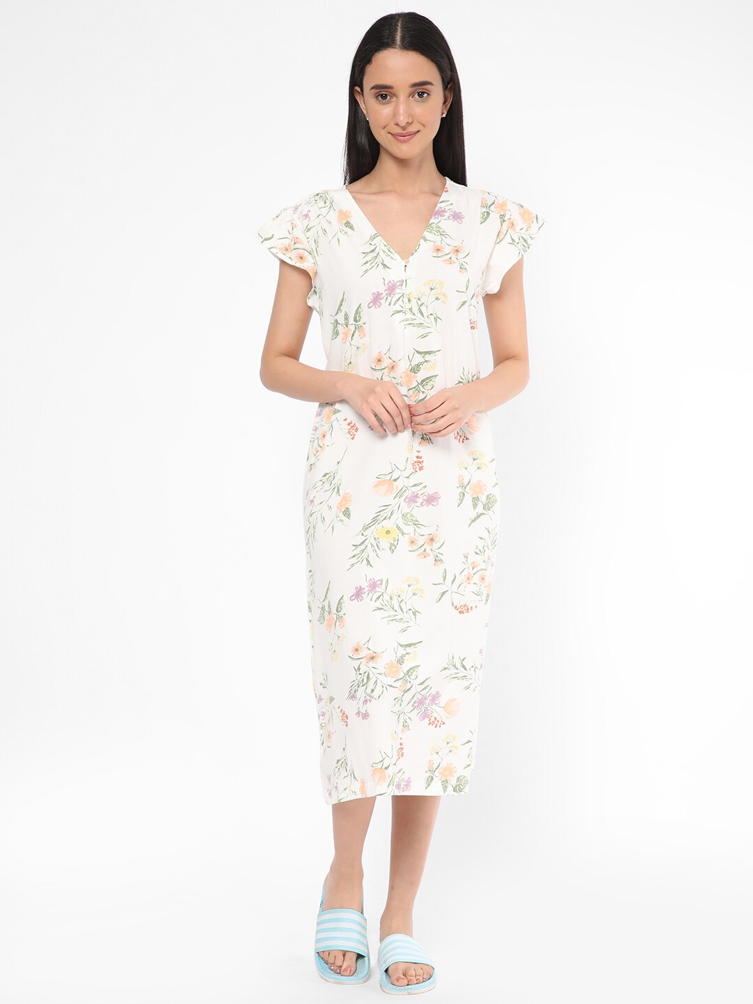 

R&B Floral Printed Pure Cotton Nightdress, White