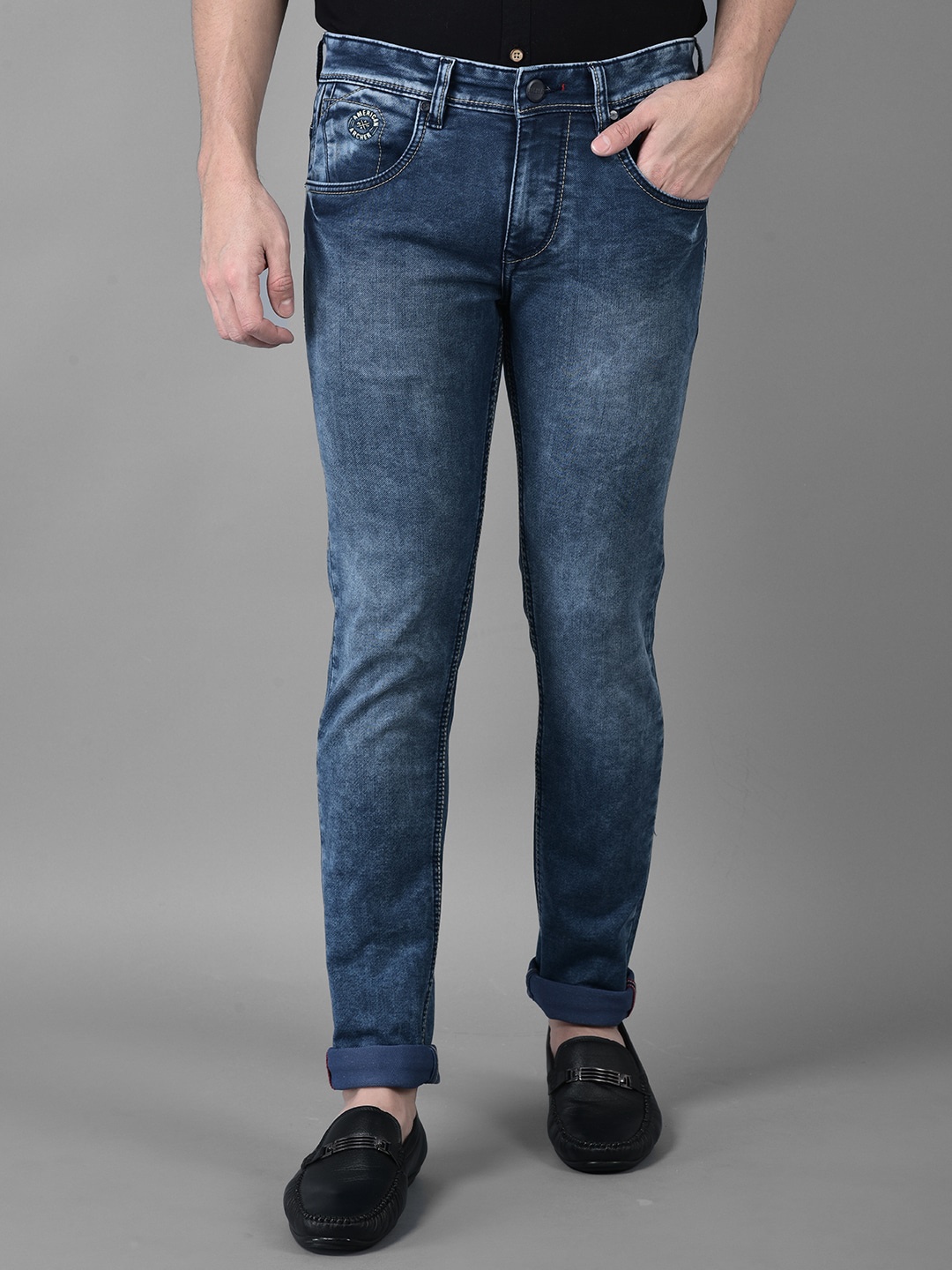 

American Archer Men Smart Skinny Fit Low-Rise Light Fade Embroidered Stretchable Jeans, Blue