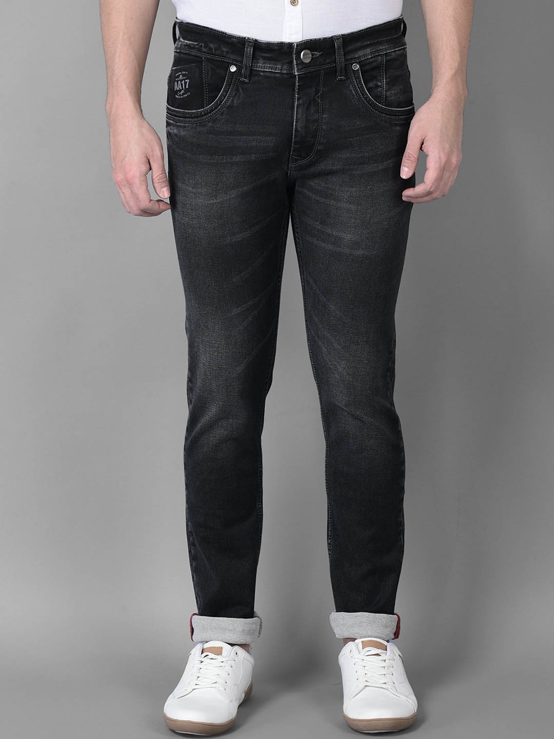 

American Archer Men Smart Skinny Fit Low-Rise Light Fade Embroidered Stretchable Jeans, Black