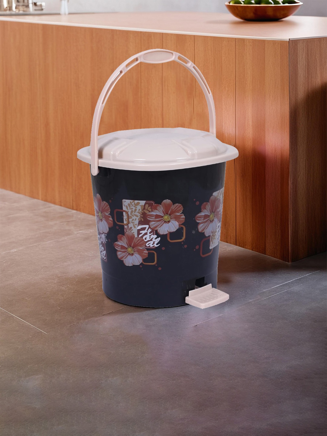 

Kuber Industries Black & Beige Floral Printed Durable Pedal Dustbin With Handle 10 L