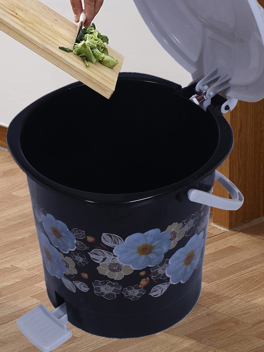 

Kuber Industries Black & Grey Floral Printed Durable Pedal Dustbin With Handle -7Ltr