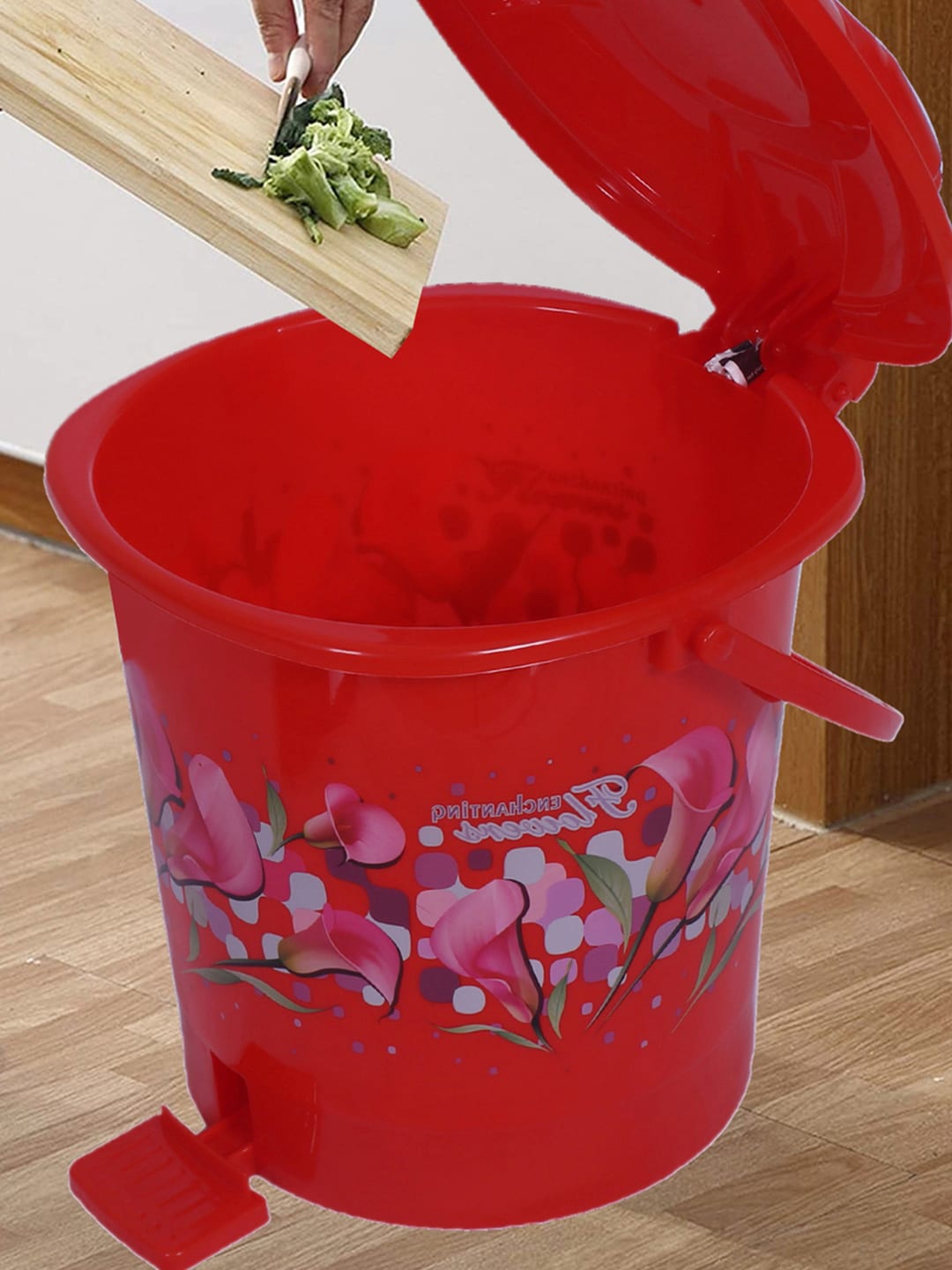 

Kuber Industries Red & Pink 2 Pcs Printed Durable Pedal Dustbin With Handle -10Ltr