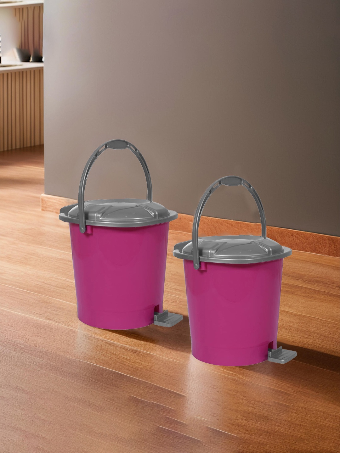 

Kuber Industries Pink & Grey 2 Pieces Durable Pedal Dustbins With Handle 7 L Each