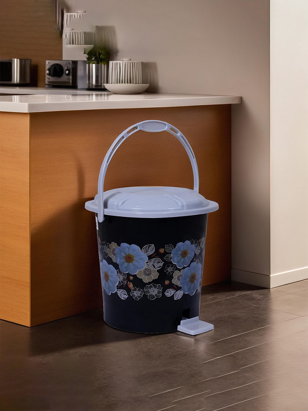 

Kuber Industries Black & Grey Floral Printed Durable Pedal Dustbin With Handle 10 L