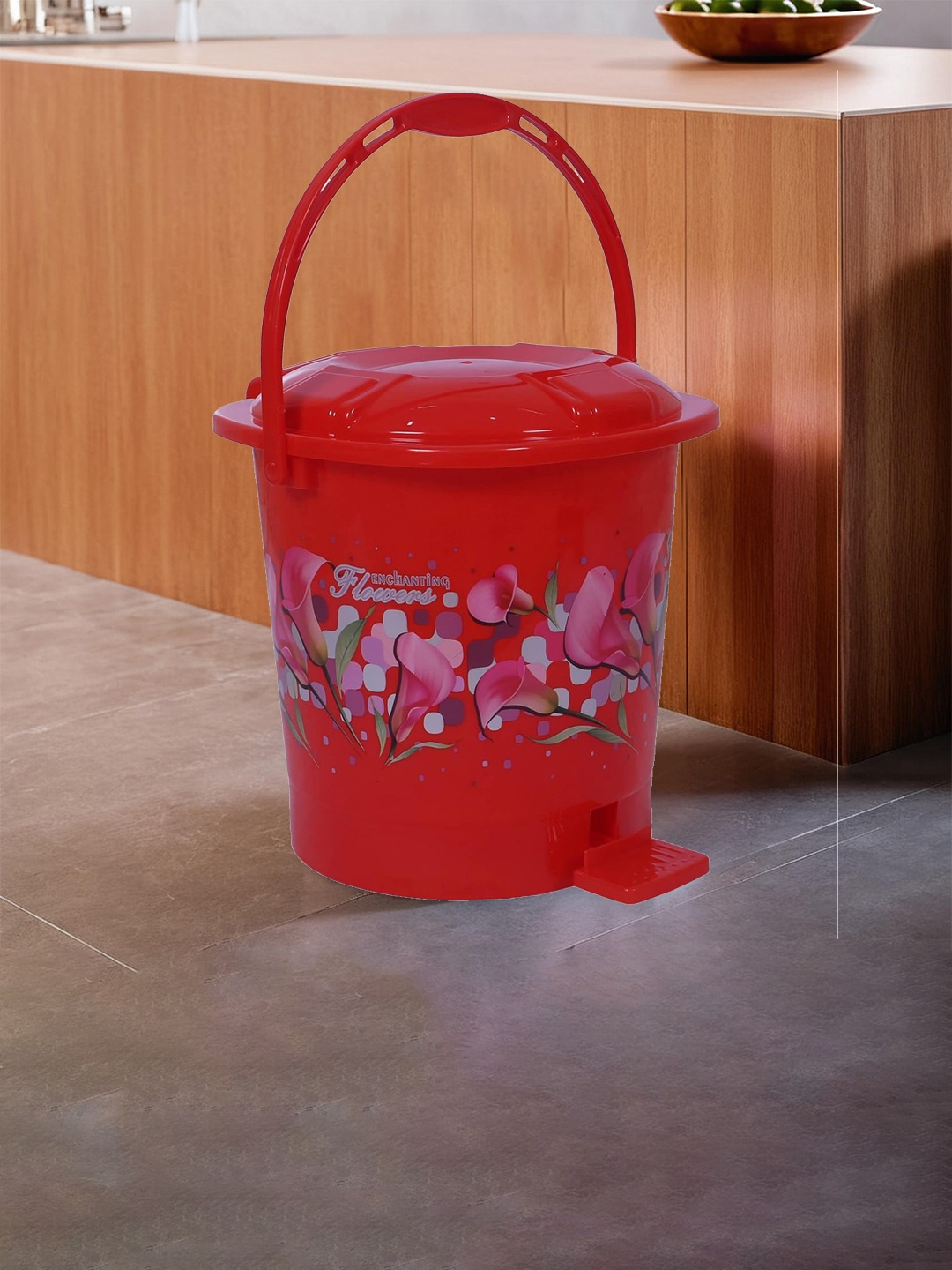 

Kuber Industries Red & Pink Floral Printed Durable Plastic Pedal Dustbin With Handle 7L