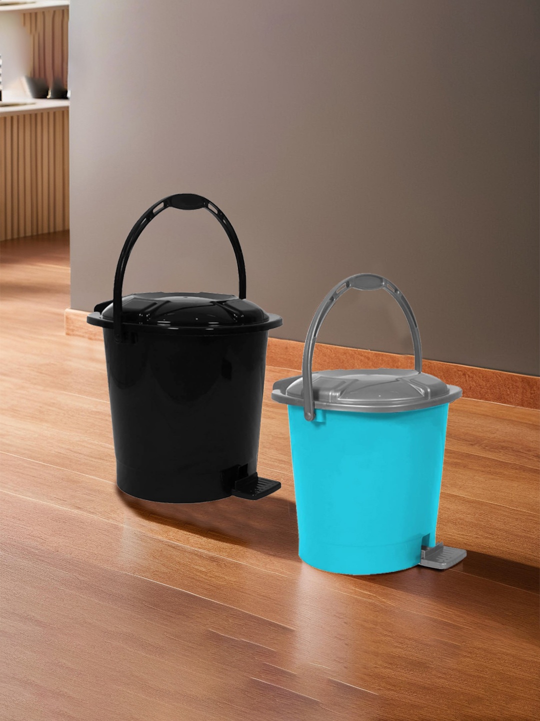 

Kuber Industries Black & Sky Blue 2 Pcs Durable Pedal Dustbins With Handle -7Ltr Each