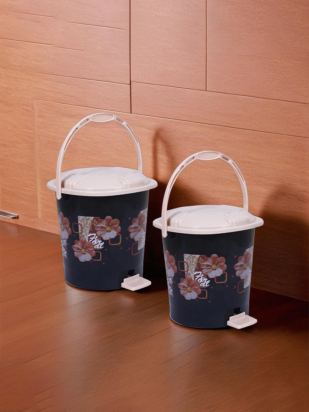 

Kuber Industries Black & Cream 2 Pcs Printed Durable Pedal Dustbins With Handle 7L Each