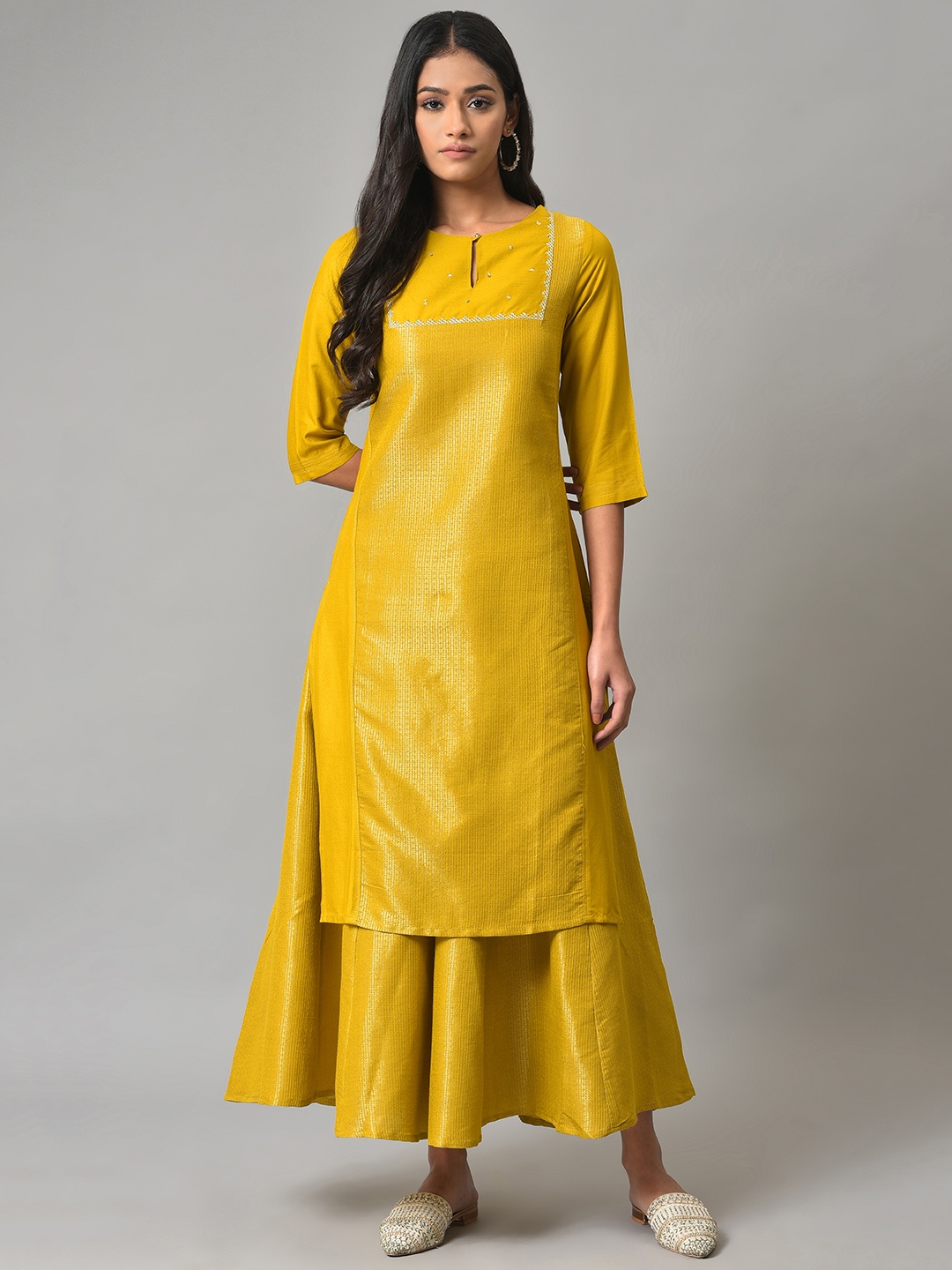 

W Keyhole Neck Straight Regular Kurta, Yellow