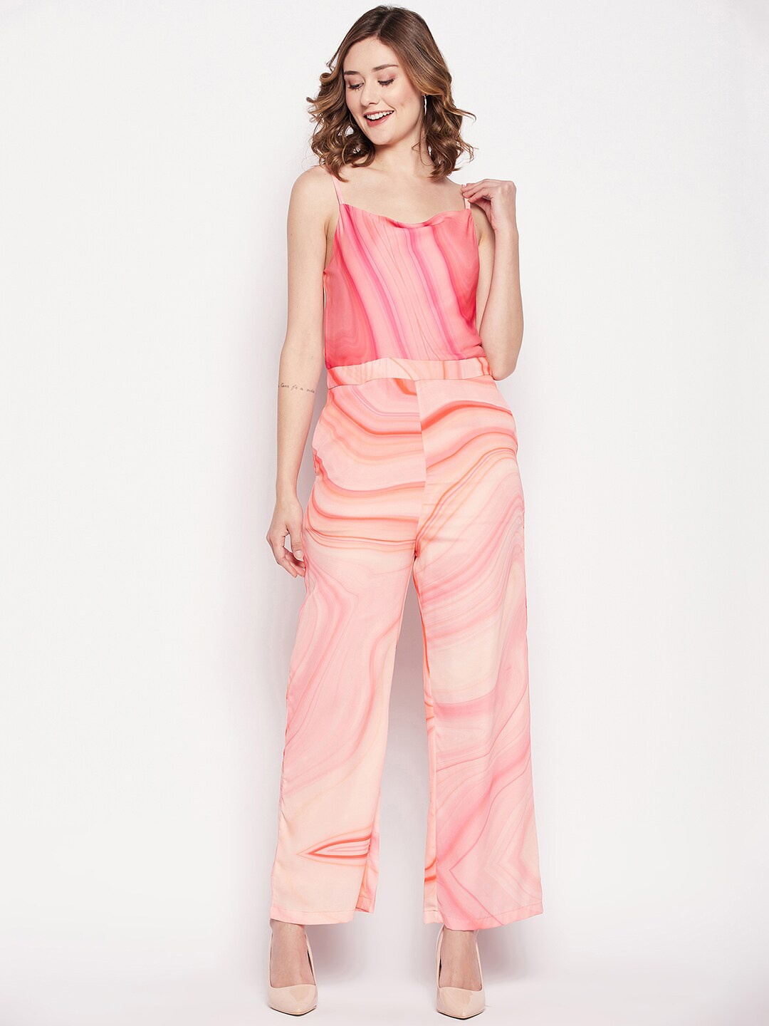 

CAMLA Abstract Printed Shoulder Strap Basic Jumpsuit, Peach