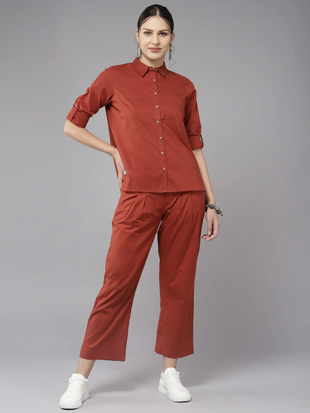 

INDYES Cotton Shirt with Trouser Co-Ords, Rust